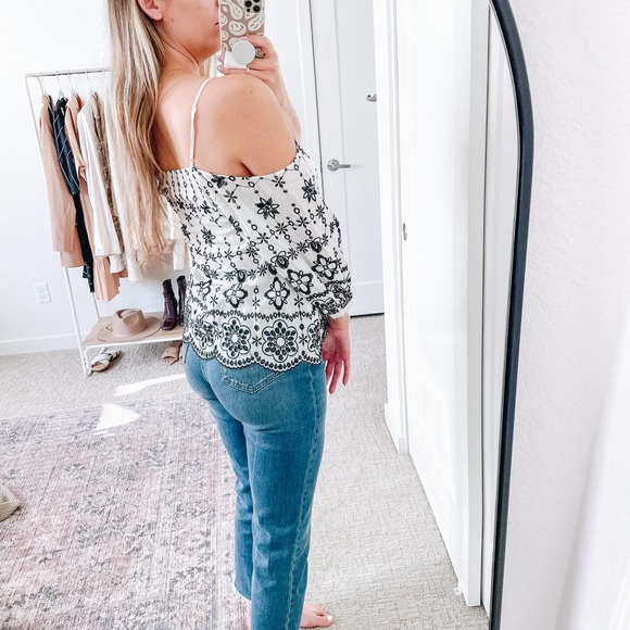 DEVLIN Revolve White Black Floral Embroidered Off Shoulder Top - Picture 2 of 11